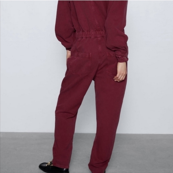 Zara 80's Denim Jumpsuit Burgundy - Picture 2 of 8
